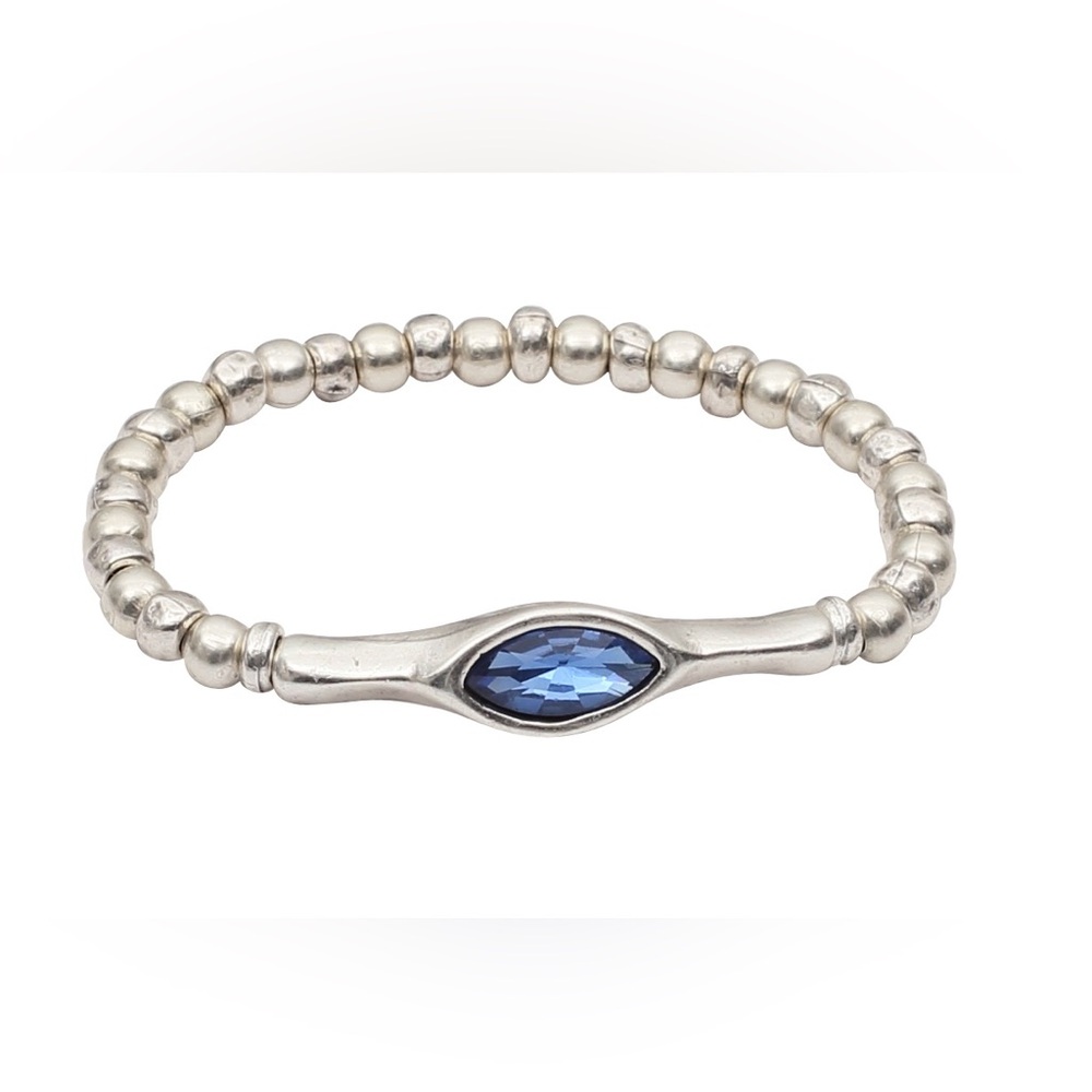 Handmade Crystal Pewter Bracelet - blue oval crystal in SS plated stretch - NWT